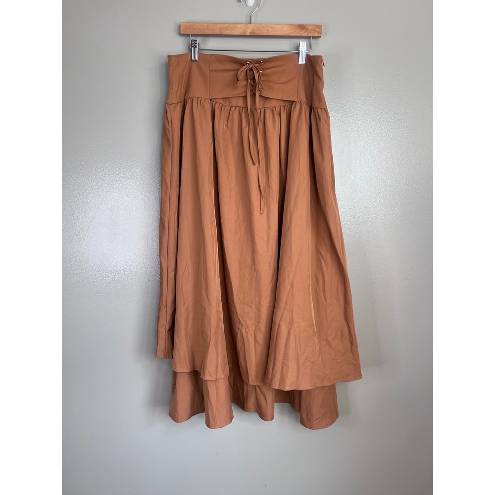 Brown Lace Up Tiered maxi  Skirt High Waist  XL Midieval times cottagecore